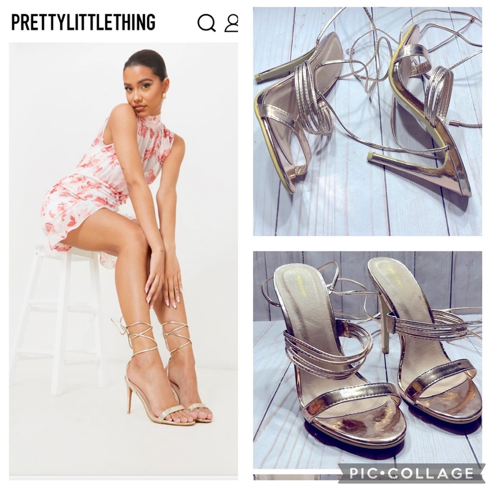 PrettyLittleThing Barely There Rose Gold Strappy Lace Up Stiletto 5” Heels